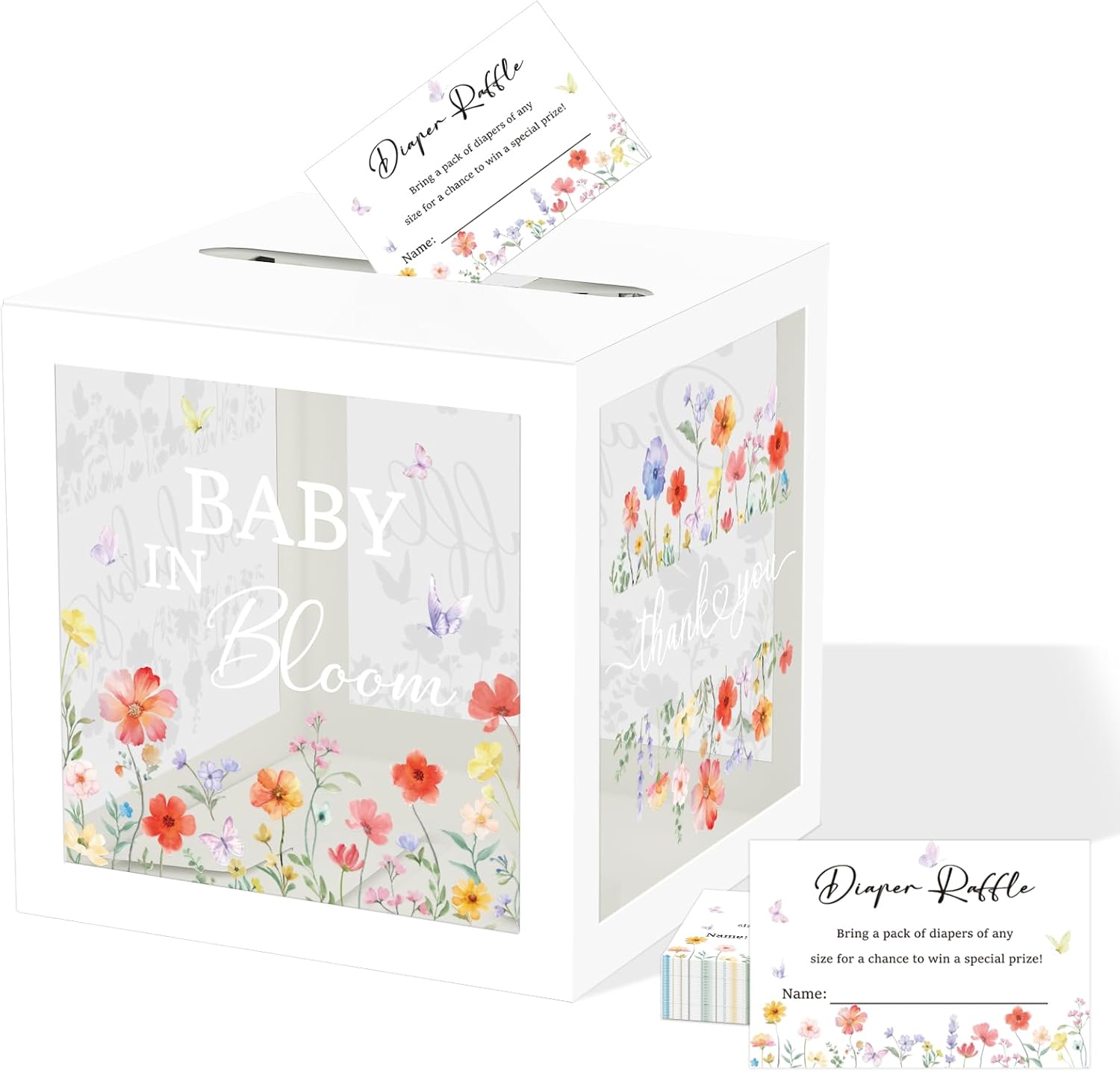 QISOLIY 50 Pieces Diaper Raffle Tickets with Box Baby Shower Game Invitations with Advice and Wishes for Baby Shower Games Gender Reveal Party Supplies (Clear Wildflower)